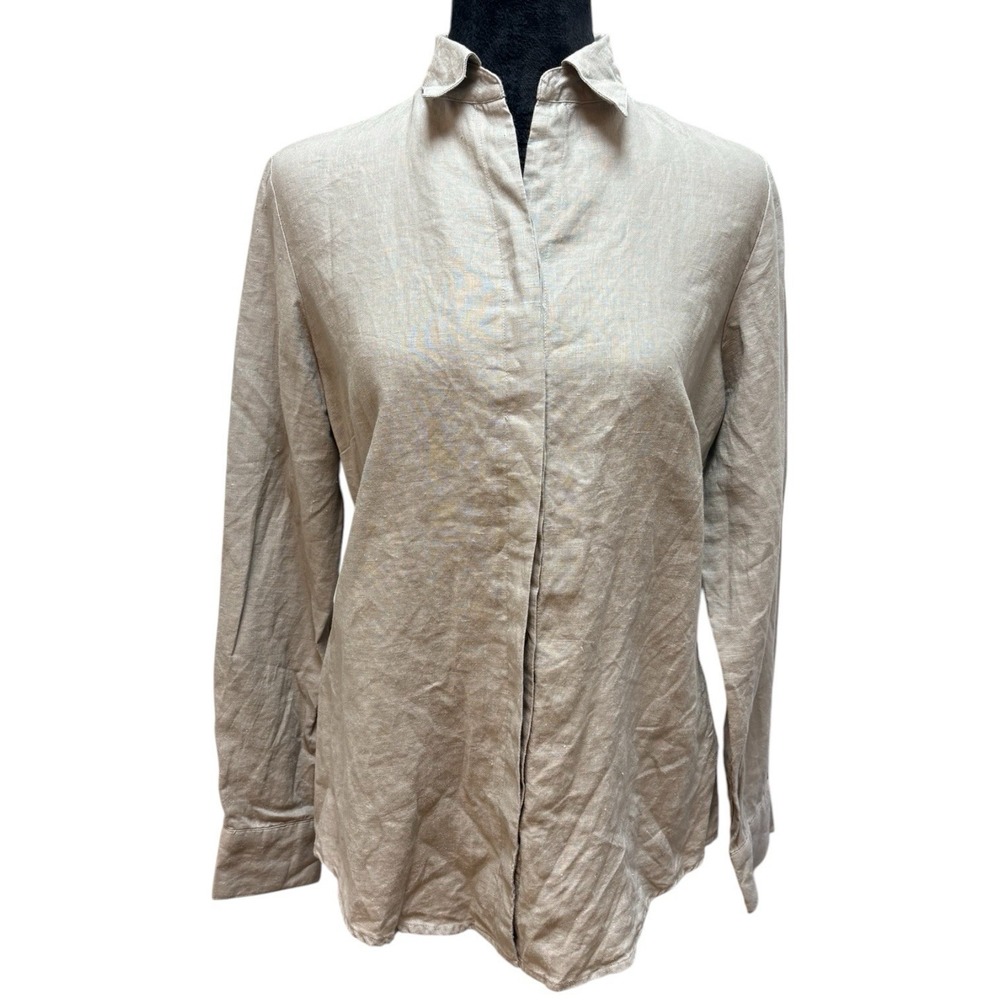 Atmosphere Linen‎ Blend Button Front Blouse Womens 12 Beige Long Sleeve